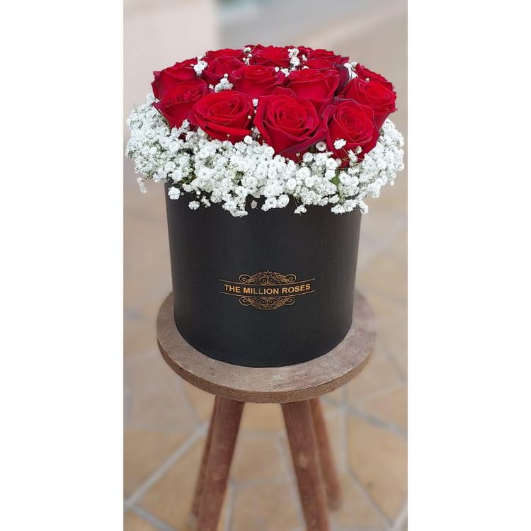 ۲۰ شاخه گل رز هلندی +ژیپسفولیا +باکس مشکی