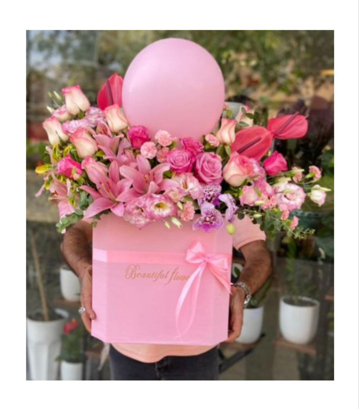 باکس گل تولد بادکنک دار صورتی